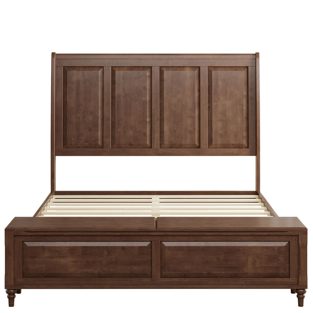 Sleigh Bed Frame with Tall Headboard and Storage Bench - Dark or Light Brown