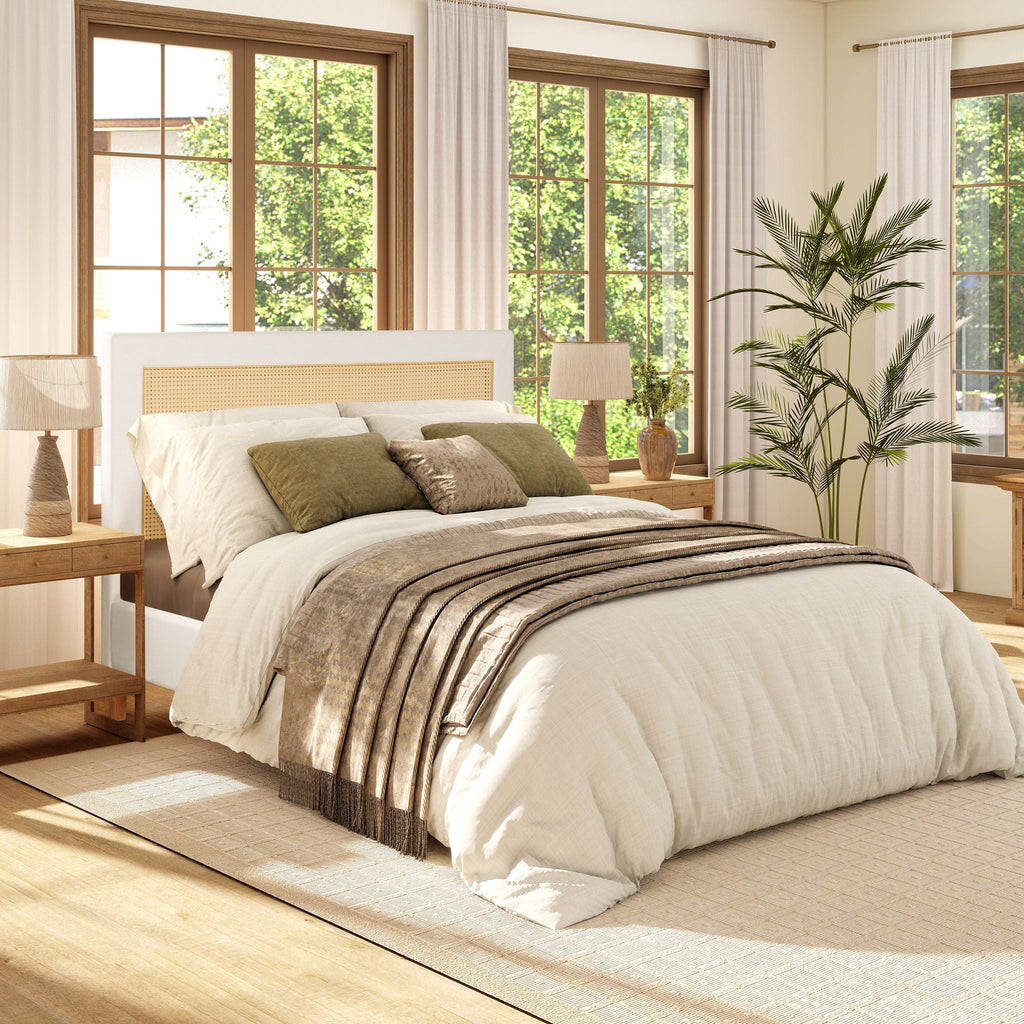 Upholstered Cane Back Platform Bed with Resin Wicker - White