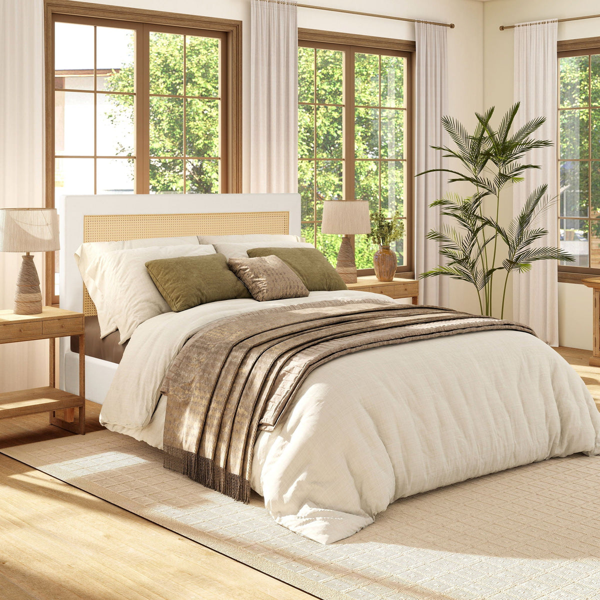 Upholstered Cane Back Platform Bed with Resin Wicker - White