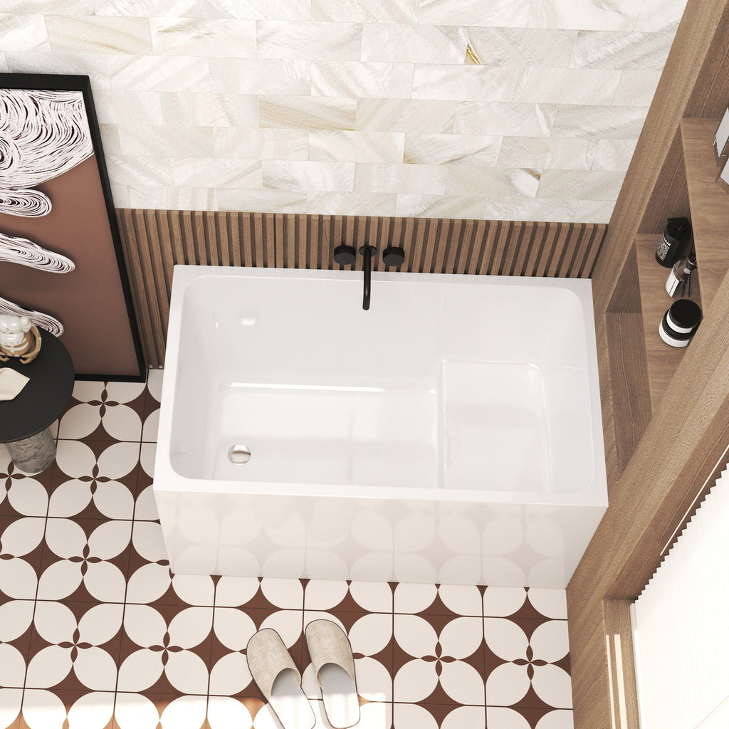 Gloss Freestanding Bathtub with Built-In Seat - White