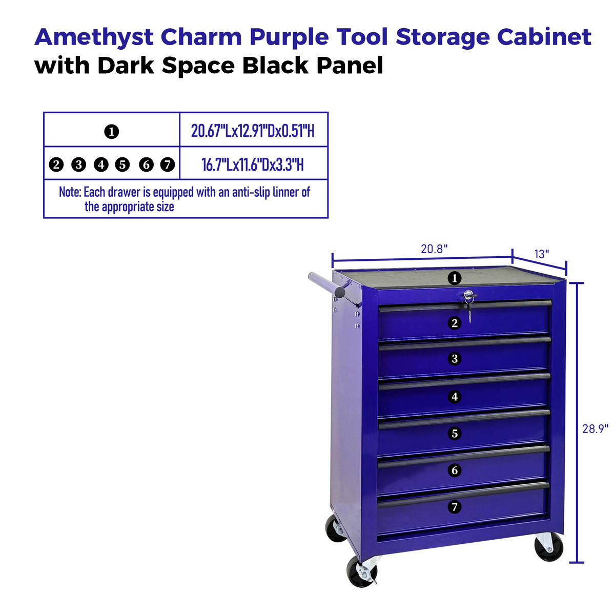 Rolling Metal Tool Chest with 6 Drawers - Steel Mobile Cabinet - Purple