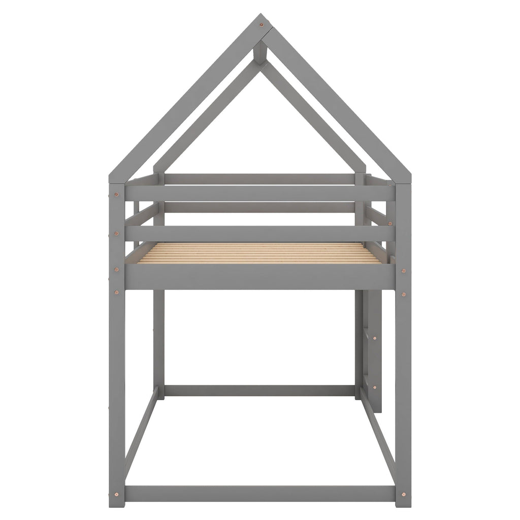Low Bunk Bed With House Shaped Frame and Ladder - Twin Over Twin