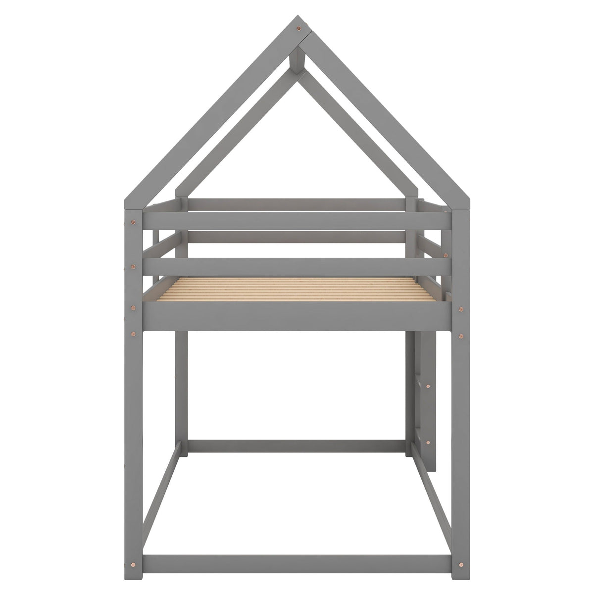 Low Bunk Bed With House Shaped Frame and Ladder - Twin Over Twin