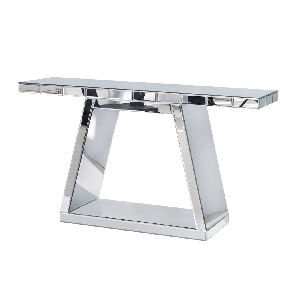 Full Body Mirror Console Table with 360° Reflective Surface and Trapezoid Base - Silver