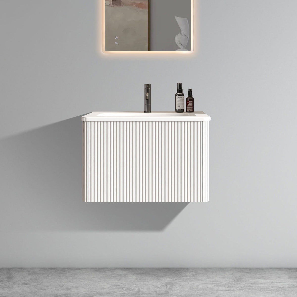 24" Striped Soft White Bathroom Vanity with Integrated Ceramic Sink - Soft White
