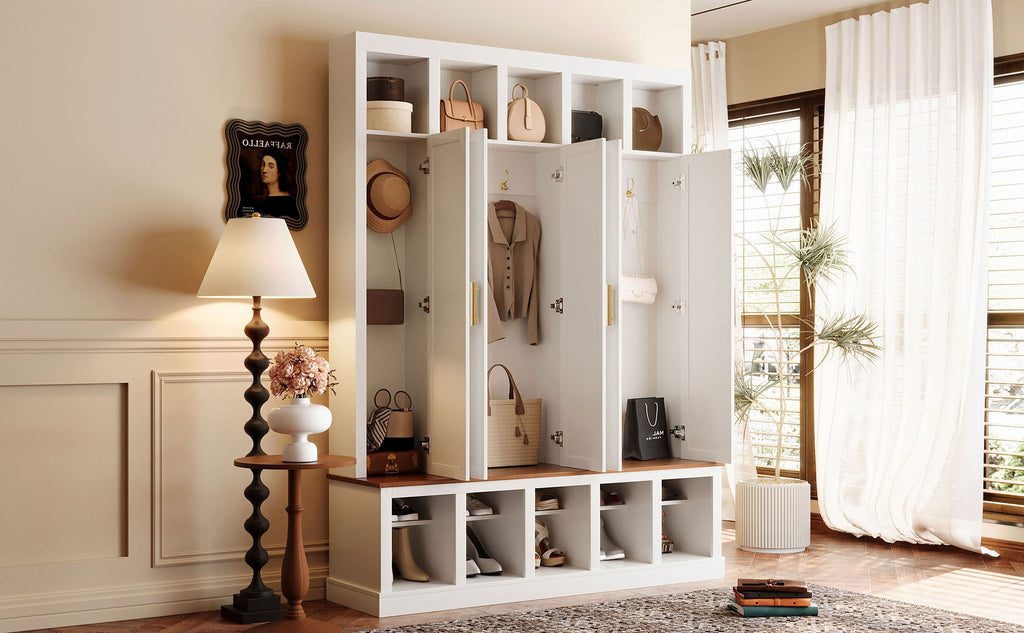Farmhouse Entryway Storage Cabinet with Shoe Rack & Display Cubbies
