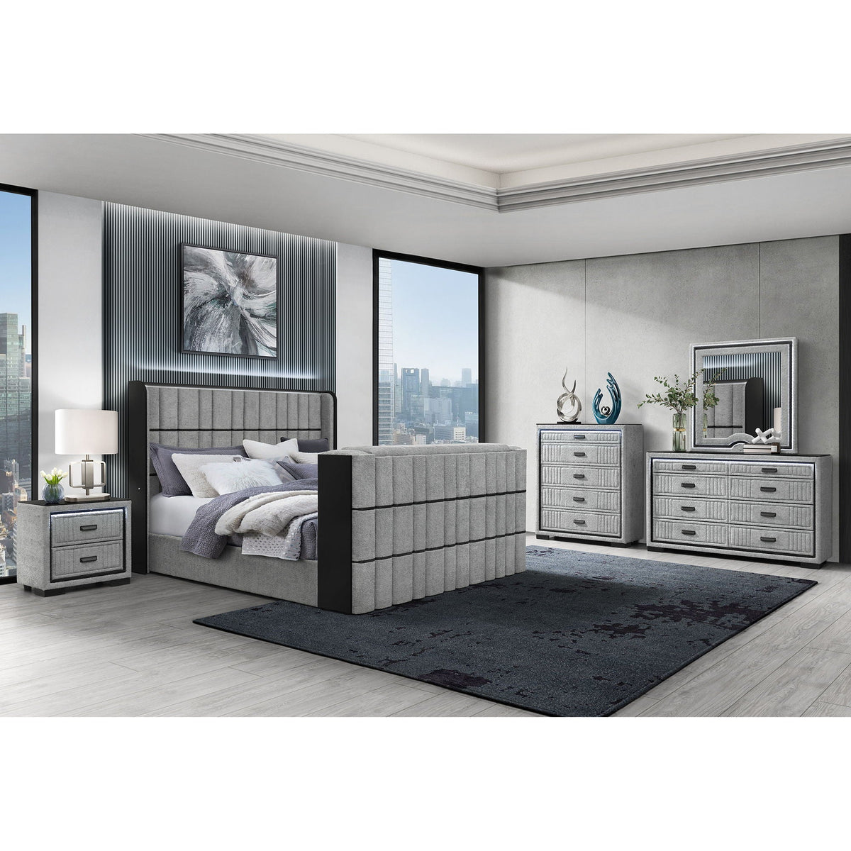 Upholstered Nightstand with LED Light - Dark Gray