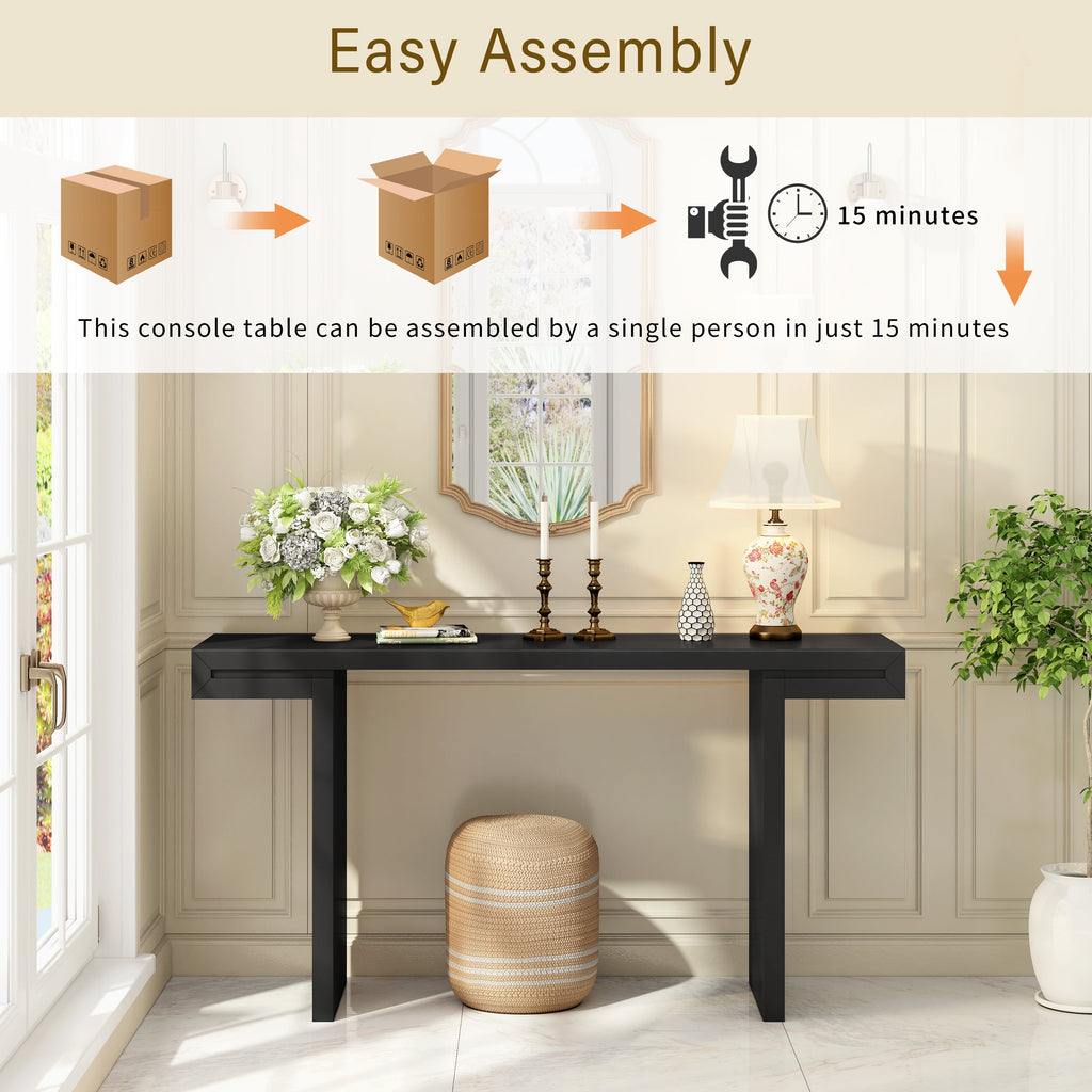 60-Inch Console Table with Geometric Design and Adjustable Feet - Black or Navy Blue