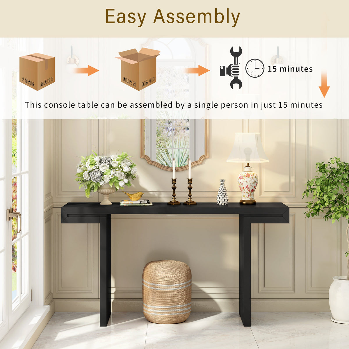 60-Inch Console Table with Geometric Design and Adjustable Feet - Black or Navy Blue
