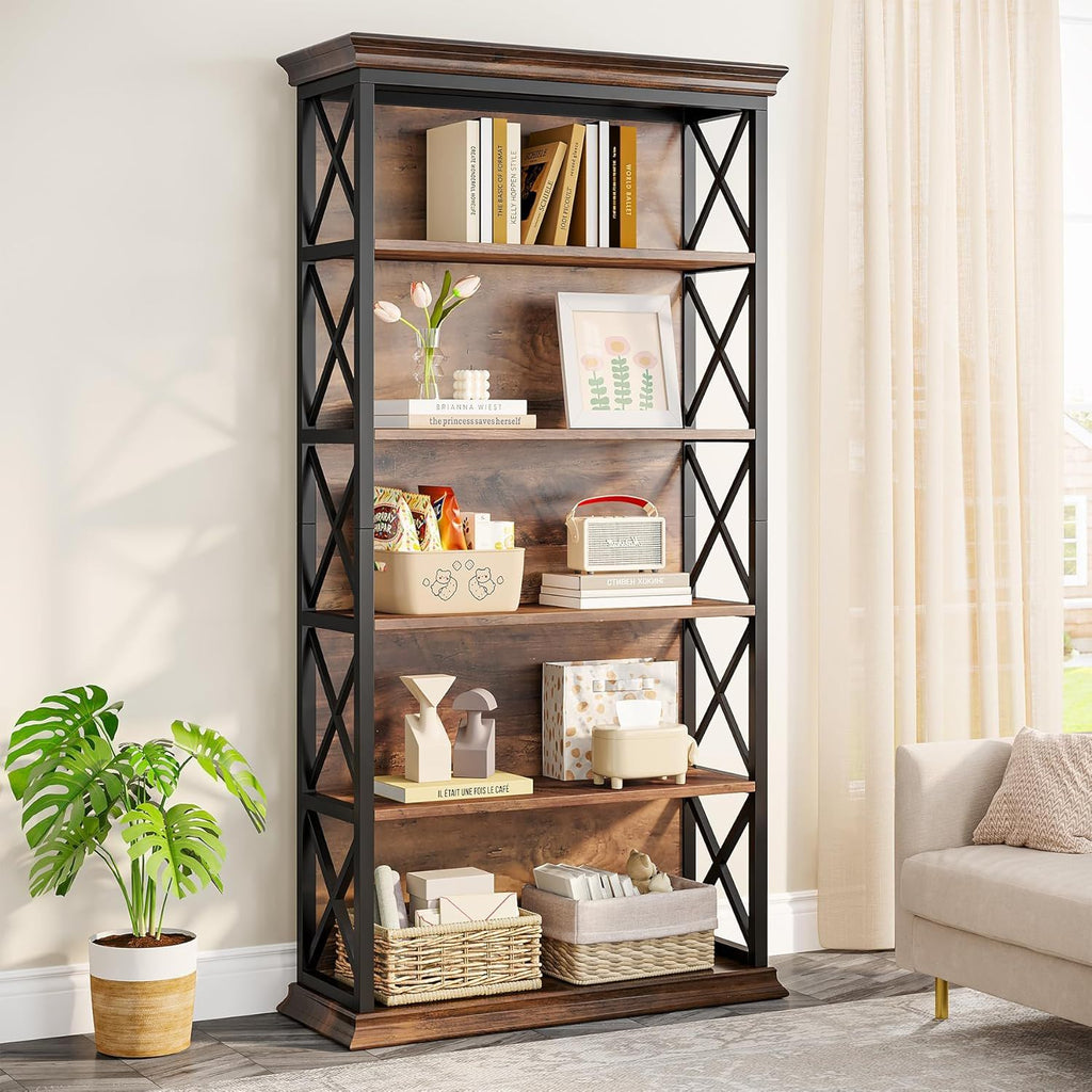 6 Tier Industrial Bookcase with X Pattern Design - Rustic Brown