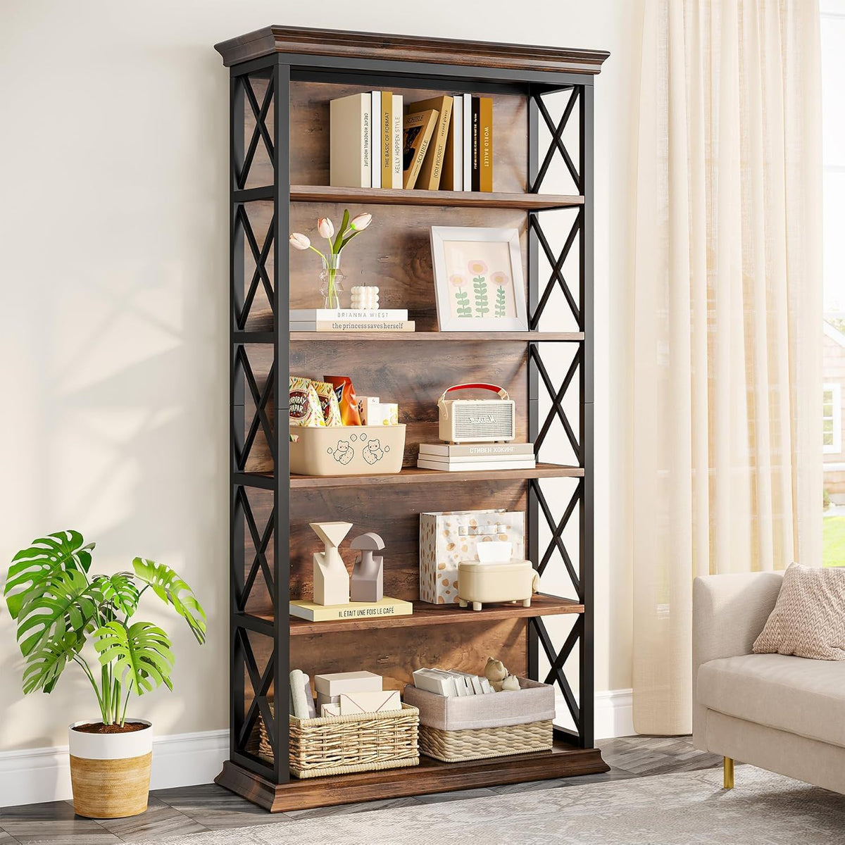 6 Tier Industrial Bookcase with X Pattern Design - Rustic Brown