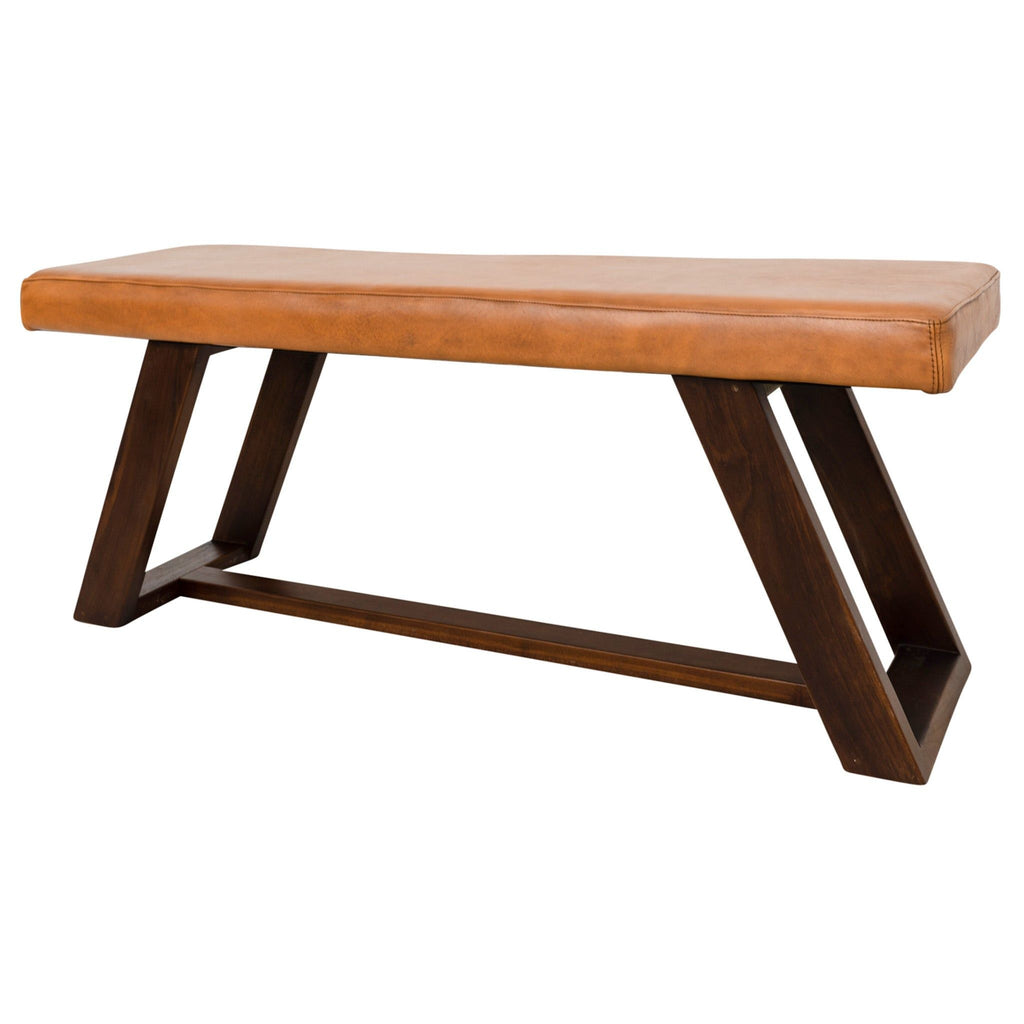 Light Brown Upholstered Bench with Hand Stitching - Genuine Material