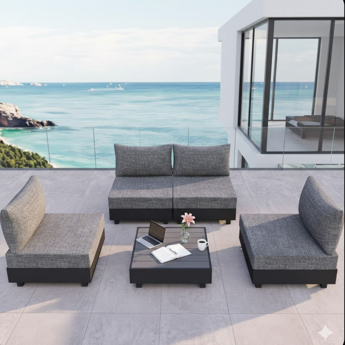 Gray Patio Sectional Set with Modular Armless Chairs and Coffee Table