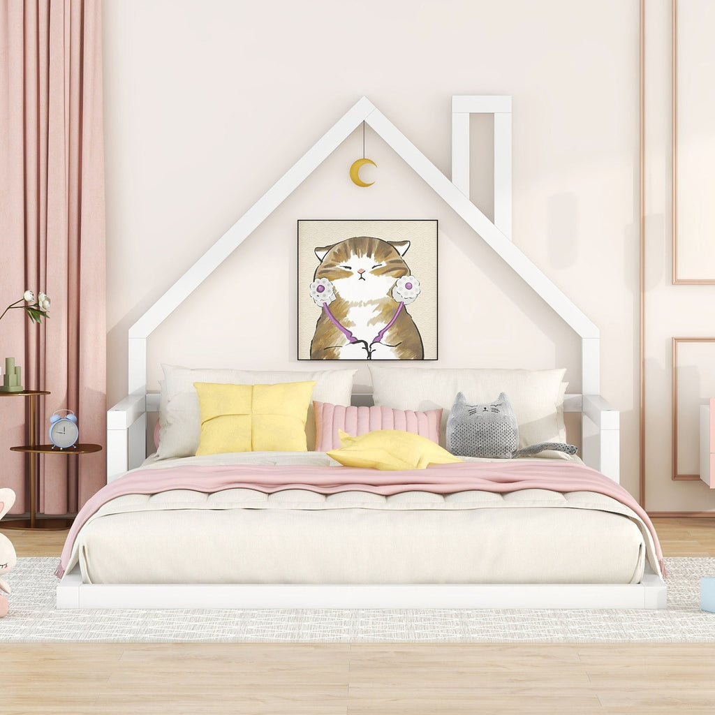 Elegant Floor Bed With House Shaped Headboard - Full Size Solid Wood