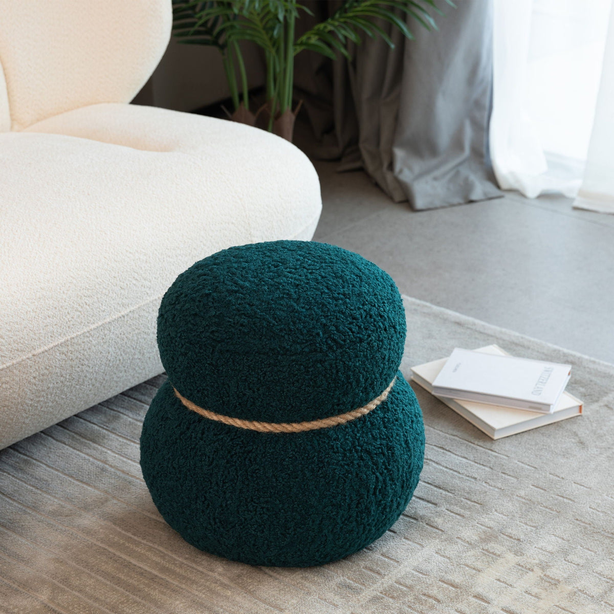 Snowman Stool Ottoman with Lamb Wool Cushion and Solid Wood Frame - White, Light Brown, Dark Green