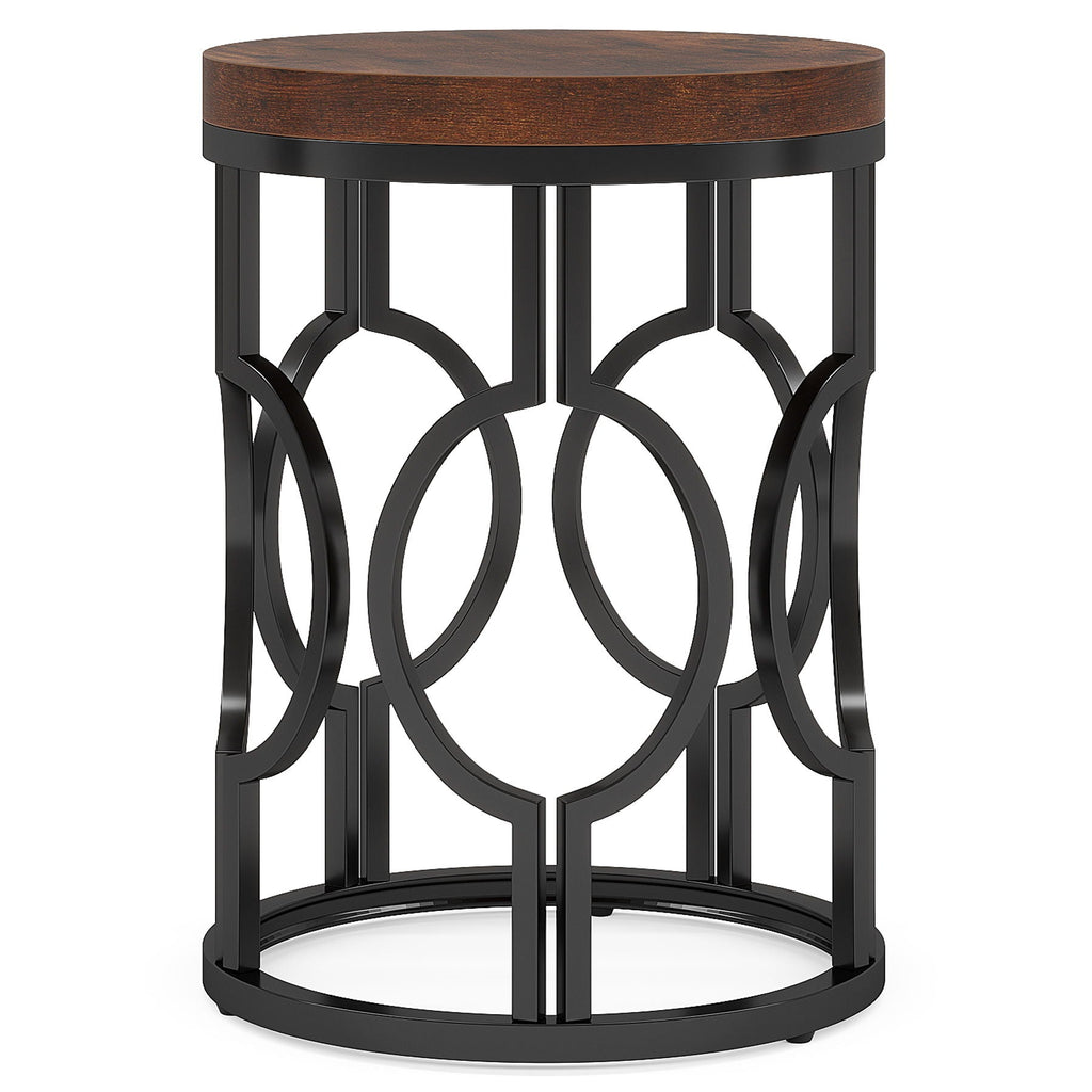 Round End Table Nightstand with Metal Frame - Brown / Black