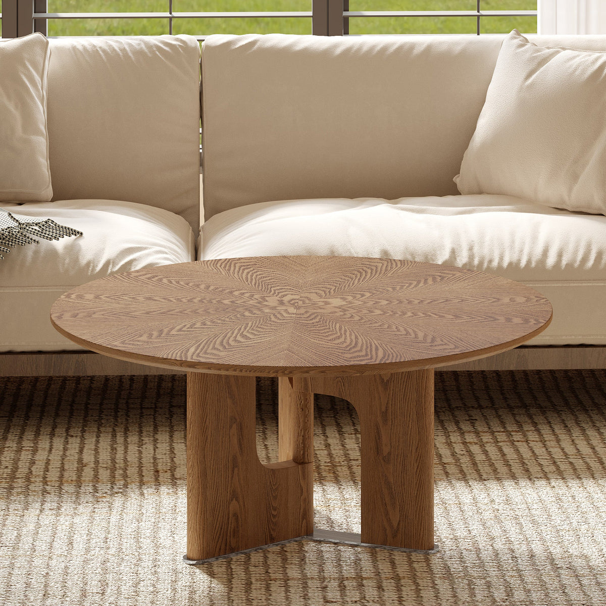 Rustic Ash Wood Veneer Coffee Table with Novel Leg Design - Natural Ash