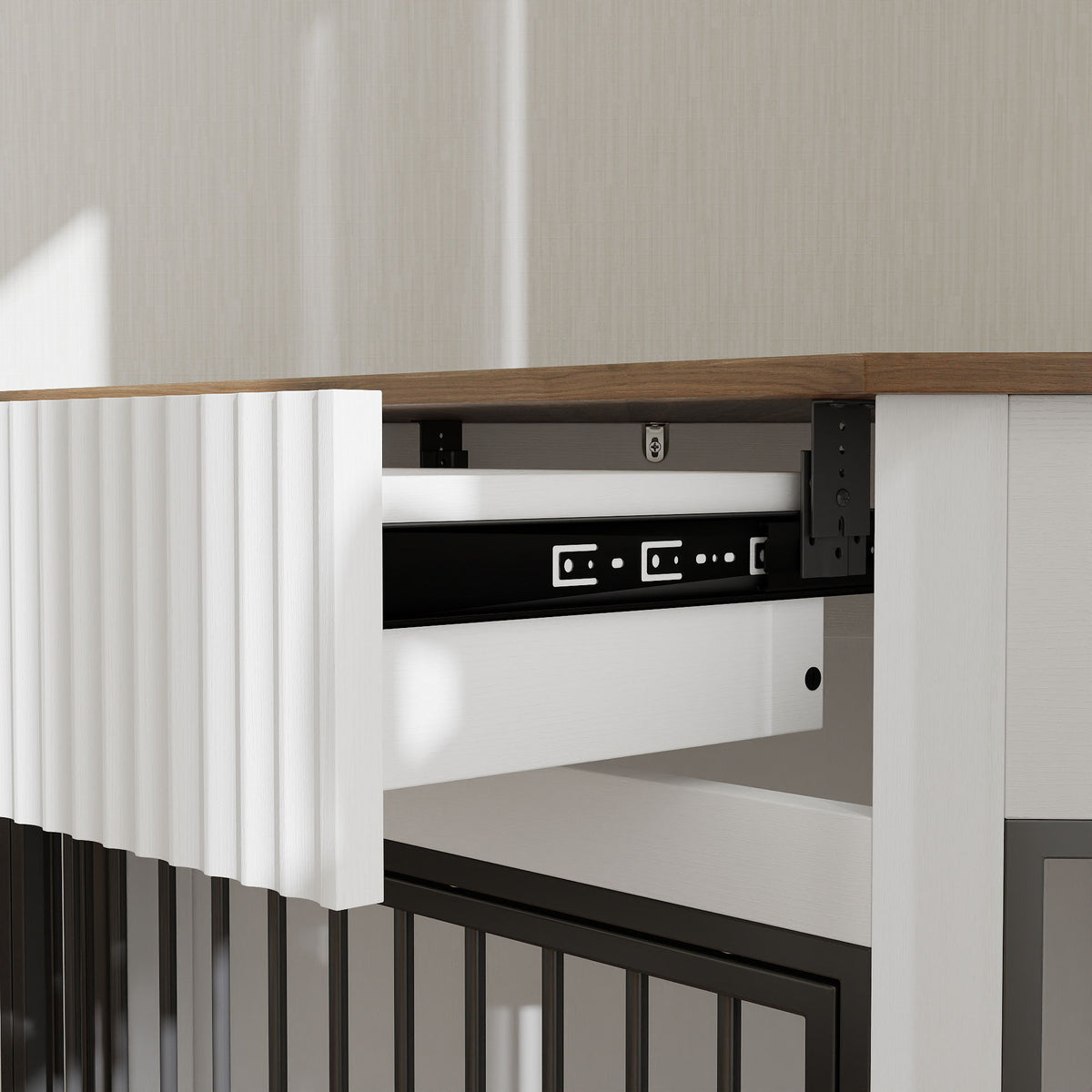 Corner Dog Crate with Fluted Drawer - White or Dark Brown