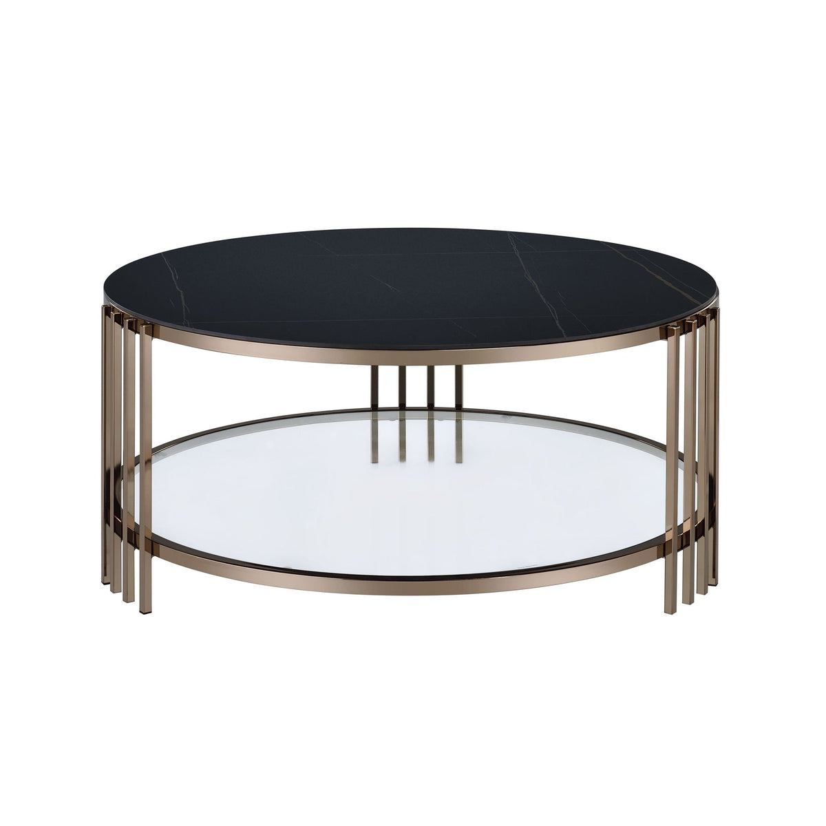 Abisha Sintered Stone Top Round Table with Lower Shelf - Black
