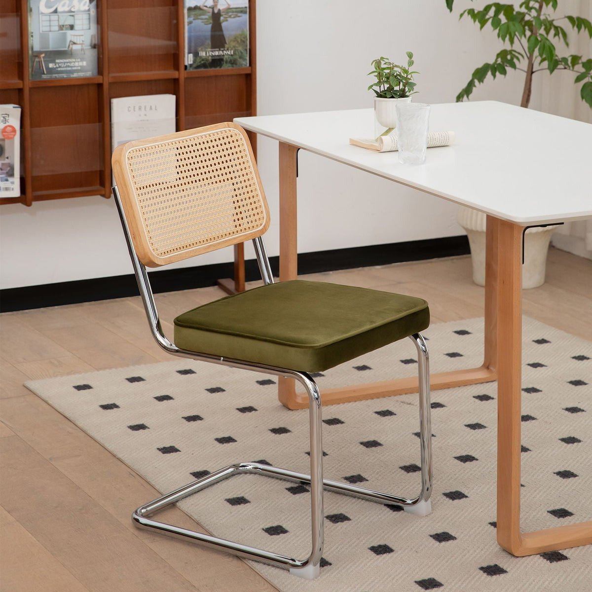 Rattan Side Accent Dining Chairs with Painted Legs - Green (Set of 2)