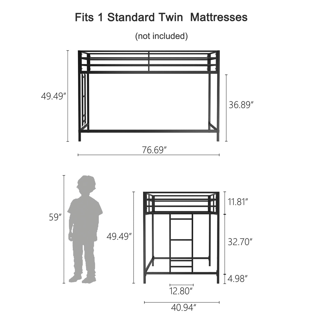 Black Twin Loft Bed with Full-Length Guardrails and Reversible Ladder