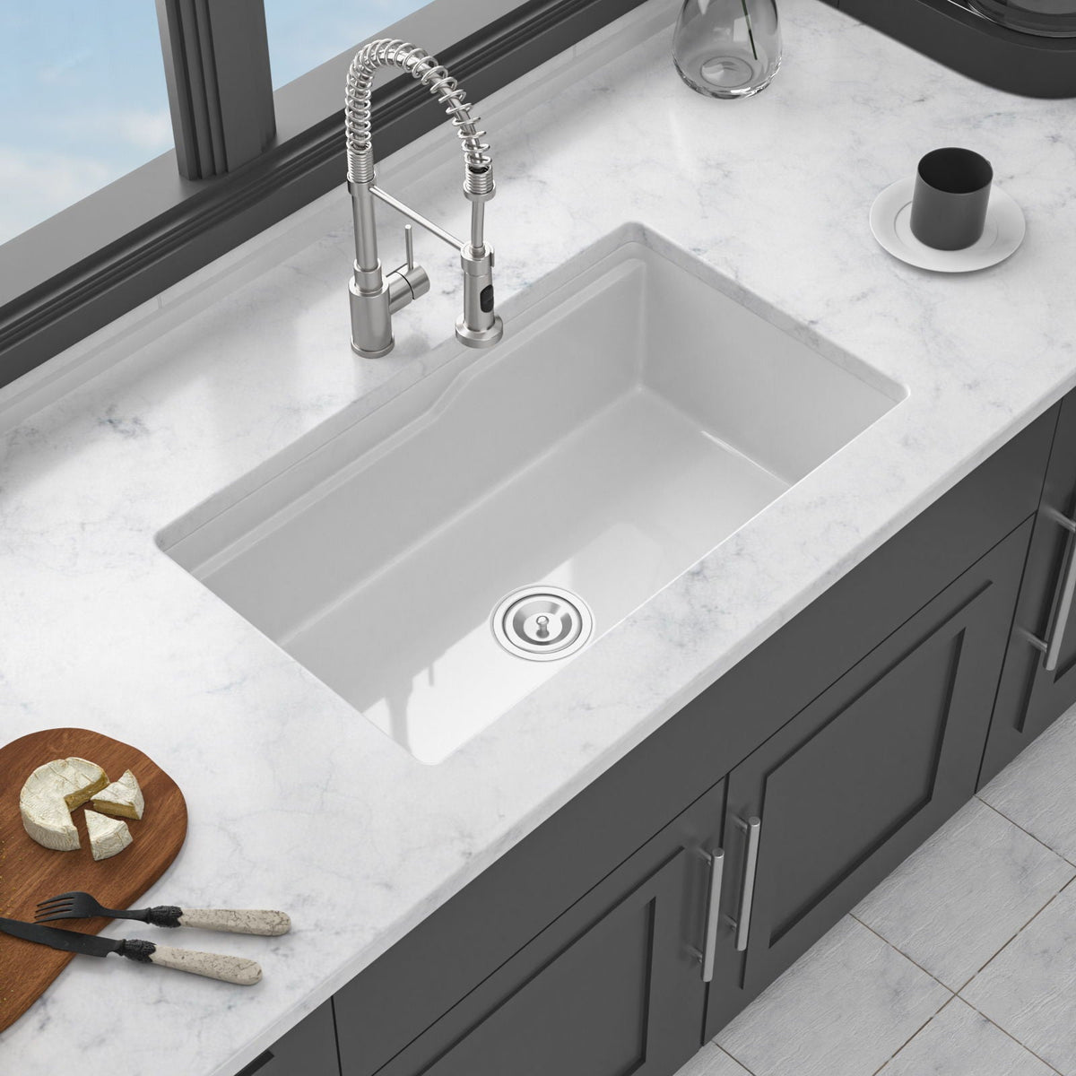 Porcelain Undermount Workstation Single Bowl Kitchen Sink – White