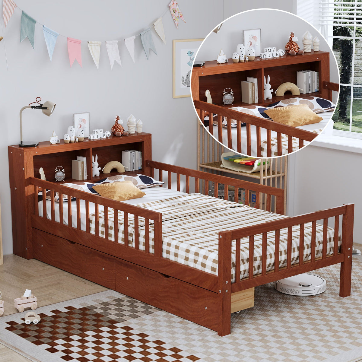 Twin Storage Bed with Headboard Rack & Under-Bed Drawers - Multiple Colors