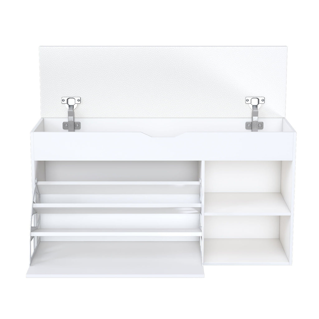 Modern White Entryway Bench with Adjustable 3-Tier Flip-Up Drawers and Hidden Cabinet