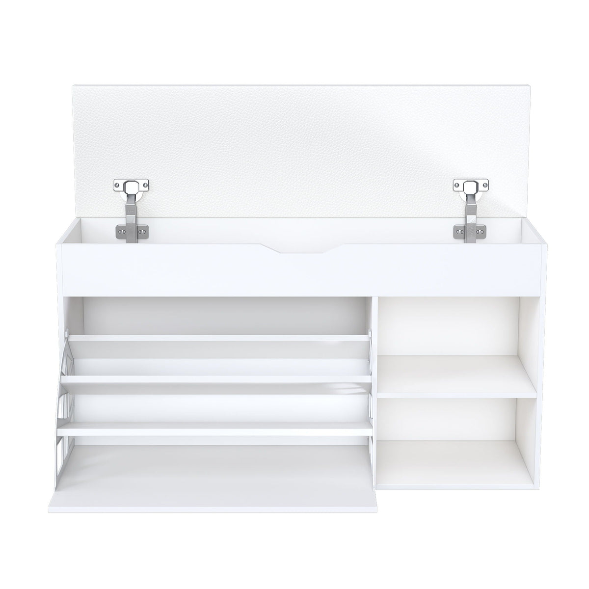 Modern White Entryway Bench with Adjustable 3-Tier Flip-Up Drawers and Hidden Cabinet