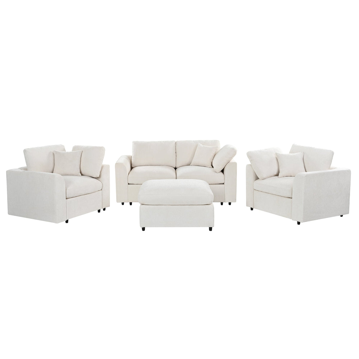 Chenille 4-Piece Sofa Set with Accent Chairs and Movable Ottoman - Grey