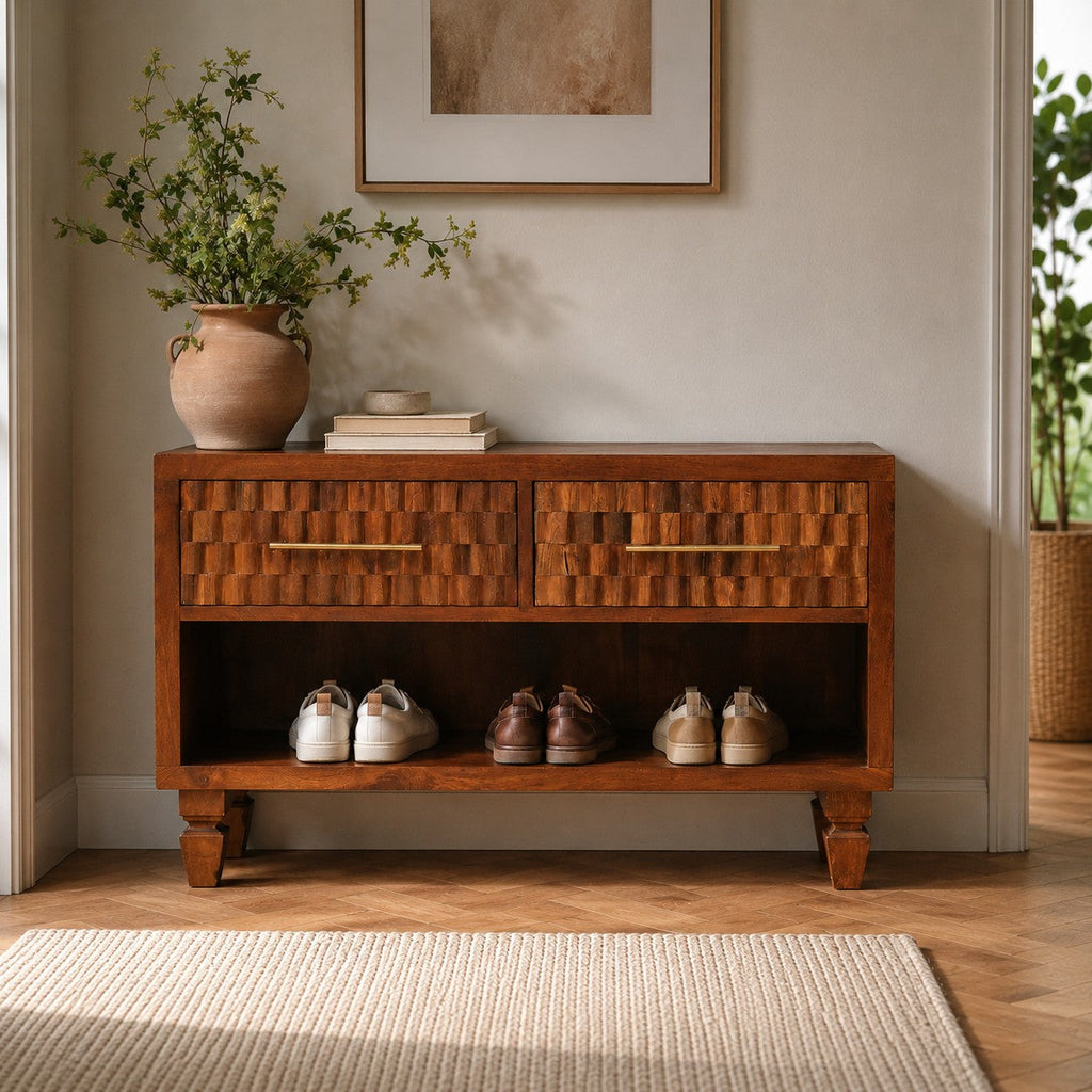 Solid Wood Cadiz Carved Shoe Bench with Open Storage Shelf - Chestnut