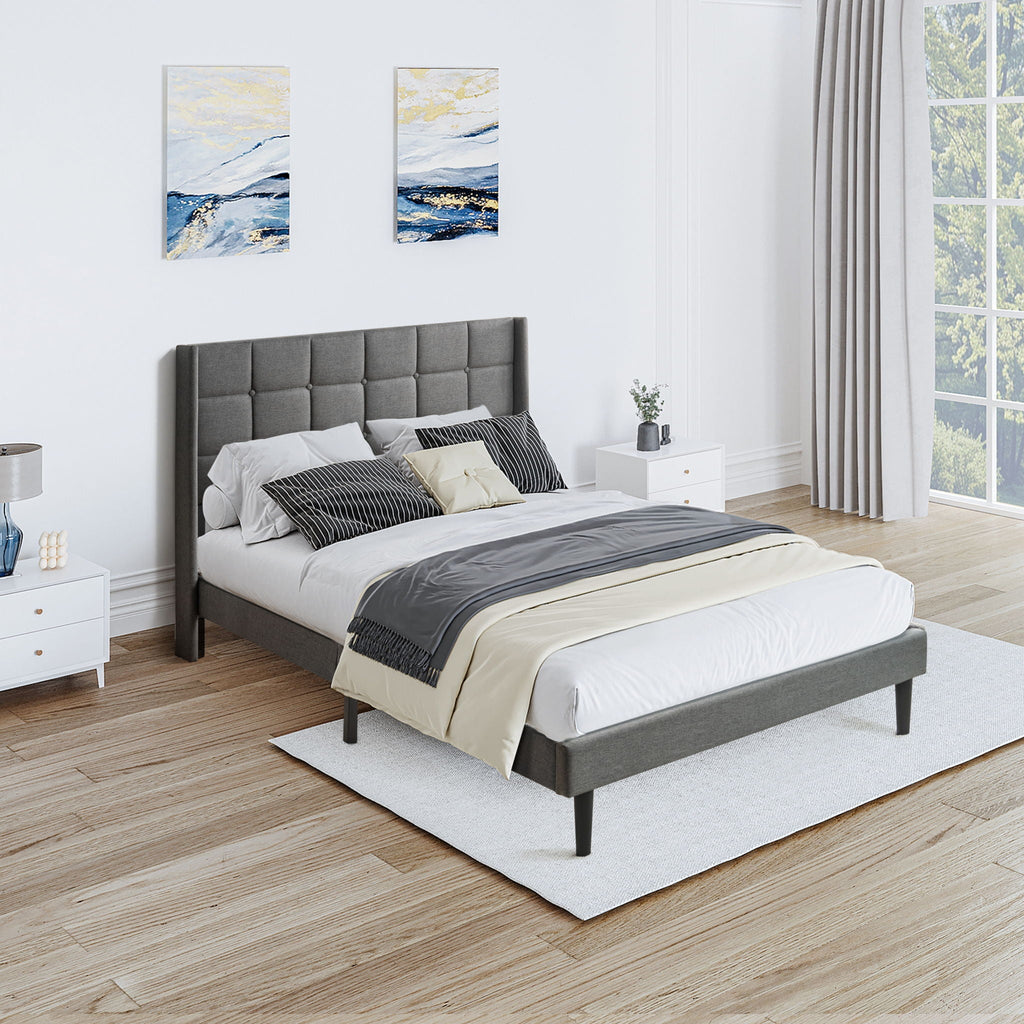Queen Size Upholstered Platform Bed Frame with Button Tufted Linen Headboard - Dark Gray