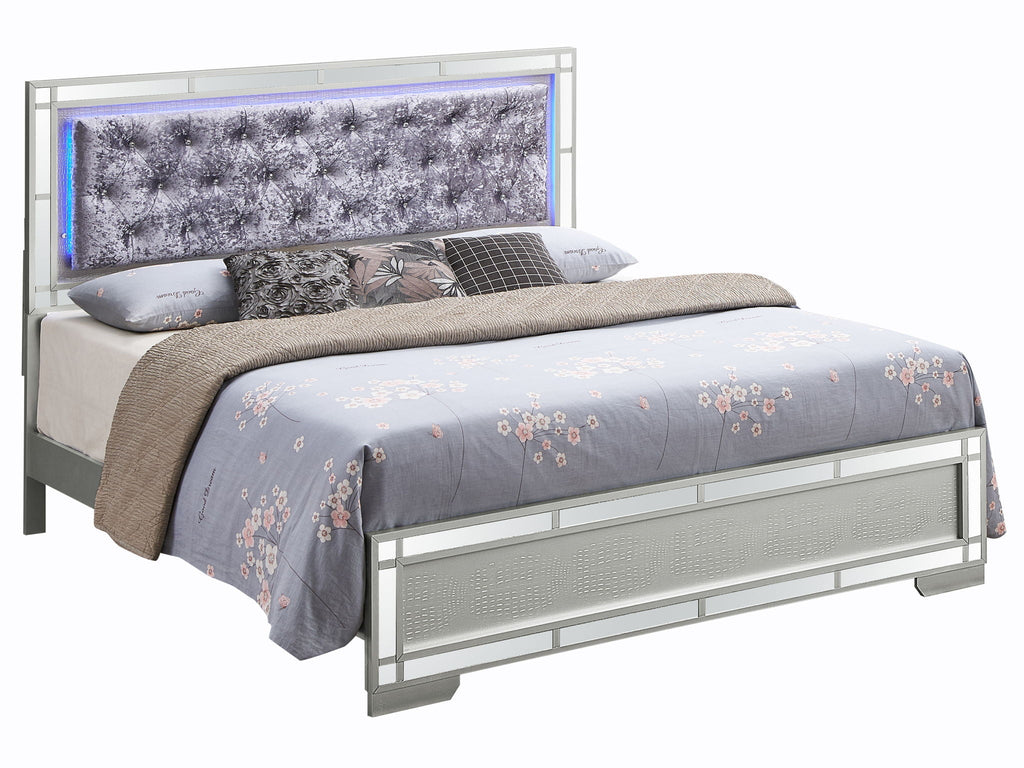 Pearl Silver Upholstered Bed with LED Headboard - Madison
