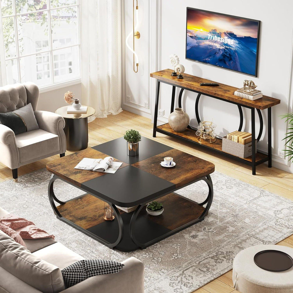 Square Coffee Table with Storage Shelf, 2 Tier - Brown / Black