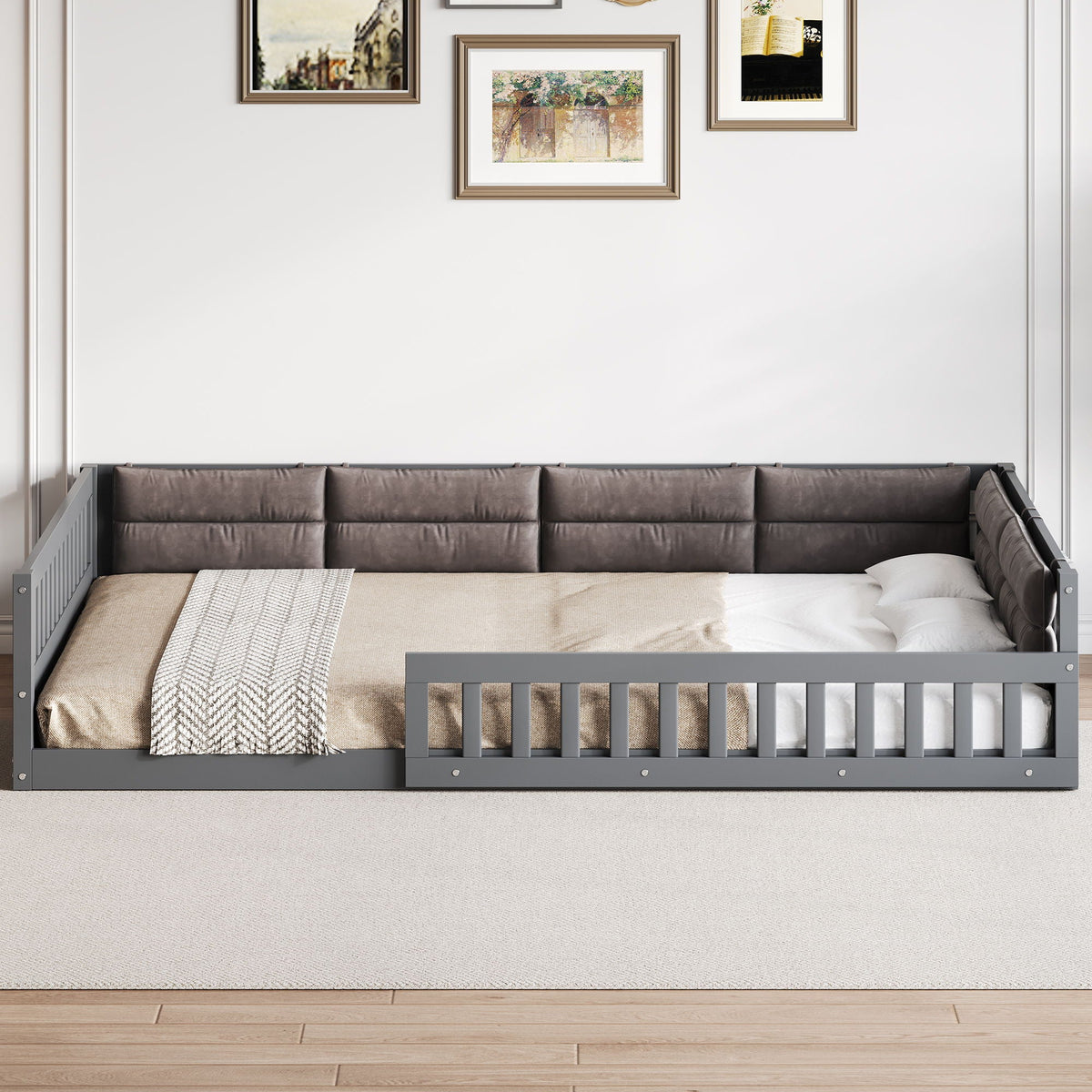 Upholstered Platform Bed with Guardrail and Pillow - Dark Gray