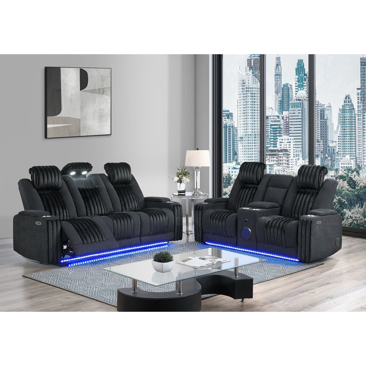 Power Reclining Sofa with Power Headrest and Drop Down Table - Black, Dark Brown, or Dark Gray