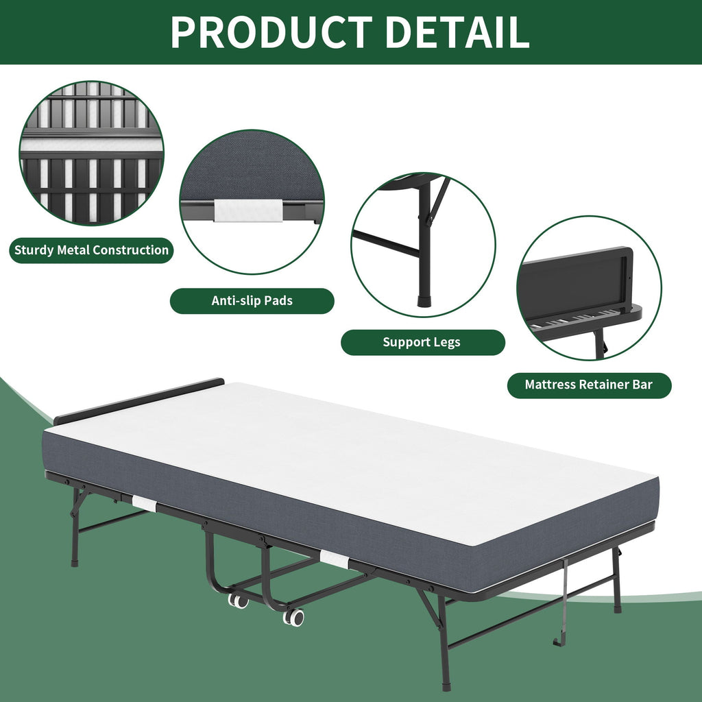 Twin Folding Bed with Adjustable Headboard – Memory Foam, Heavy-Duty Frame, Black