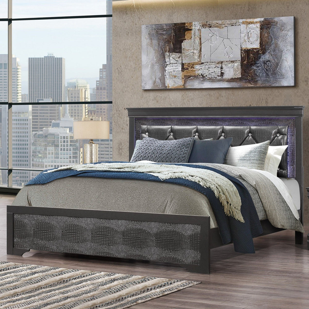 Panel Bed with LED Lighting and Tufted Headboard - White or Dark Gray