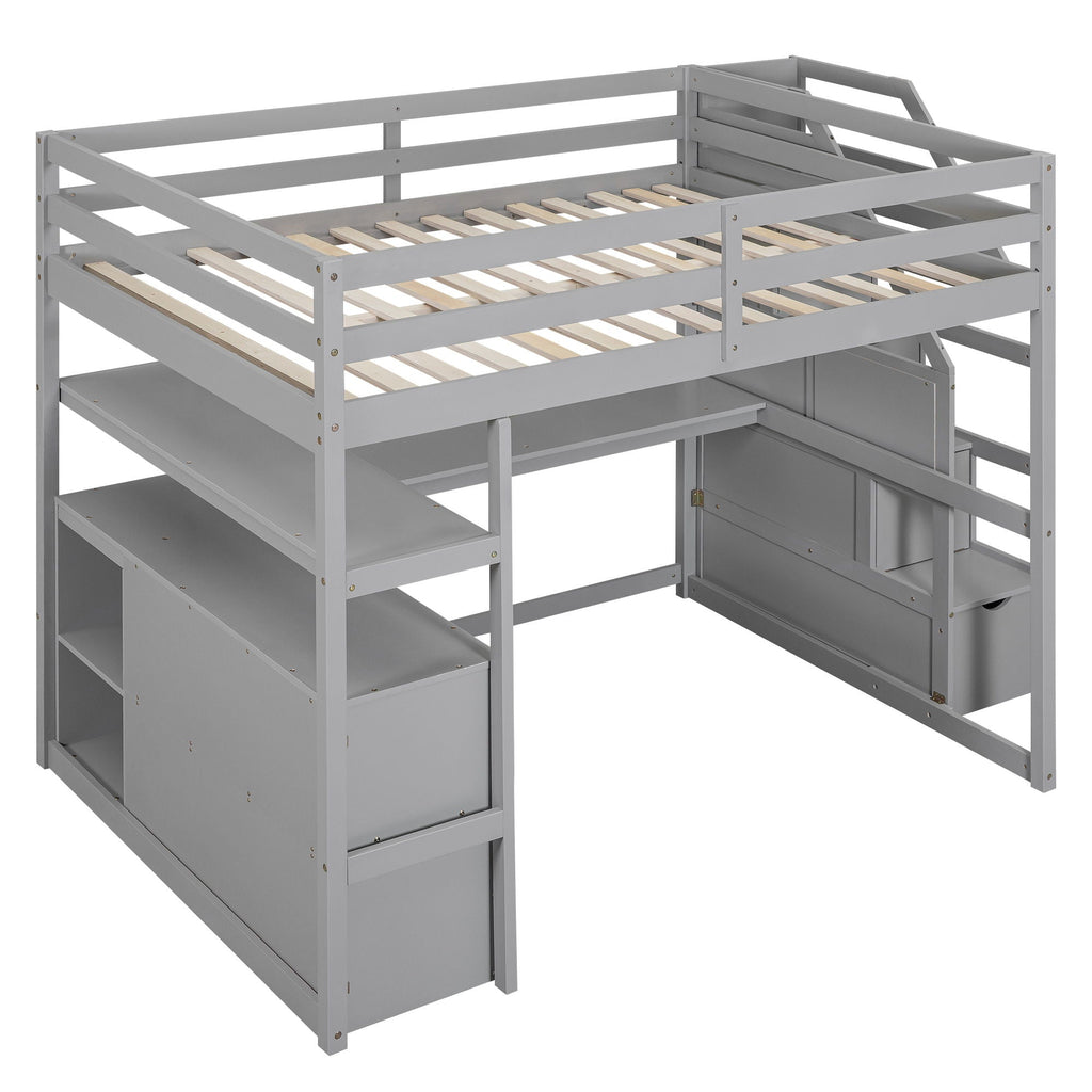 Loft Bed with Desk and Storage Staircase - Full or Twin, White or Gray