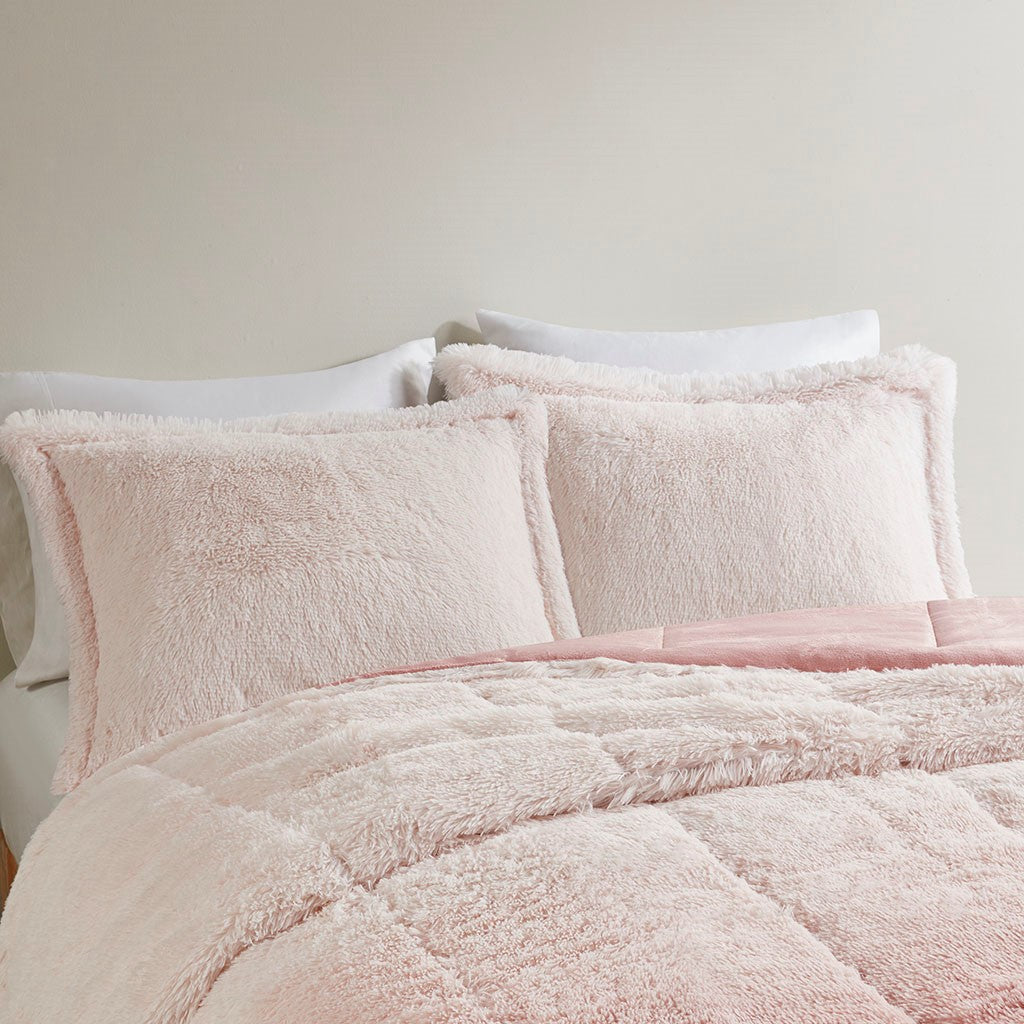 Ombre Shaggy Long Fur Twin/Twin XL Comforter Mini Set with Hypoallergenic Filling - Blush or Grey