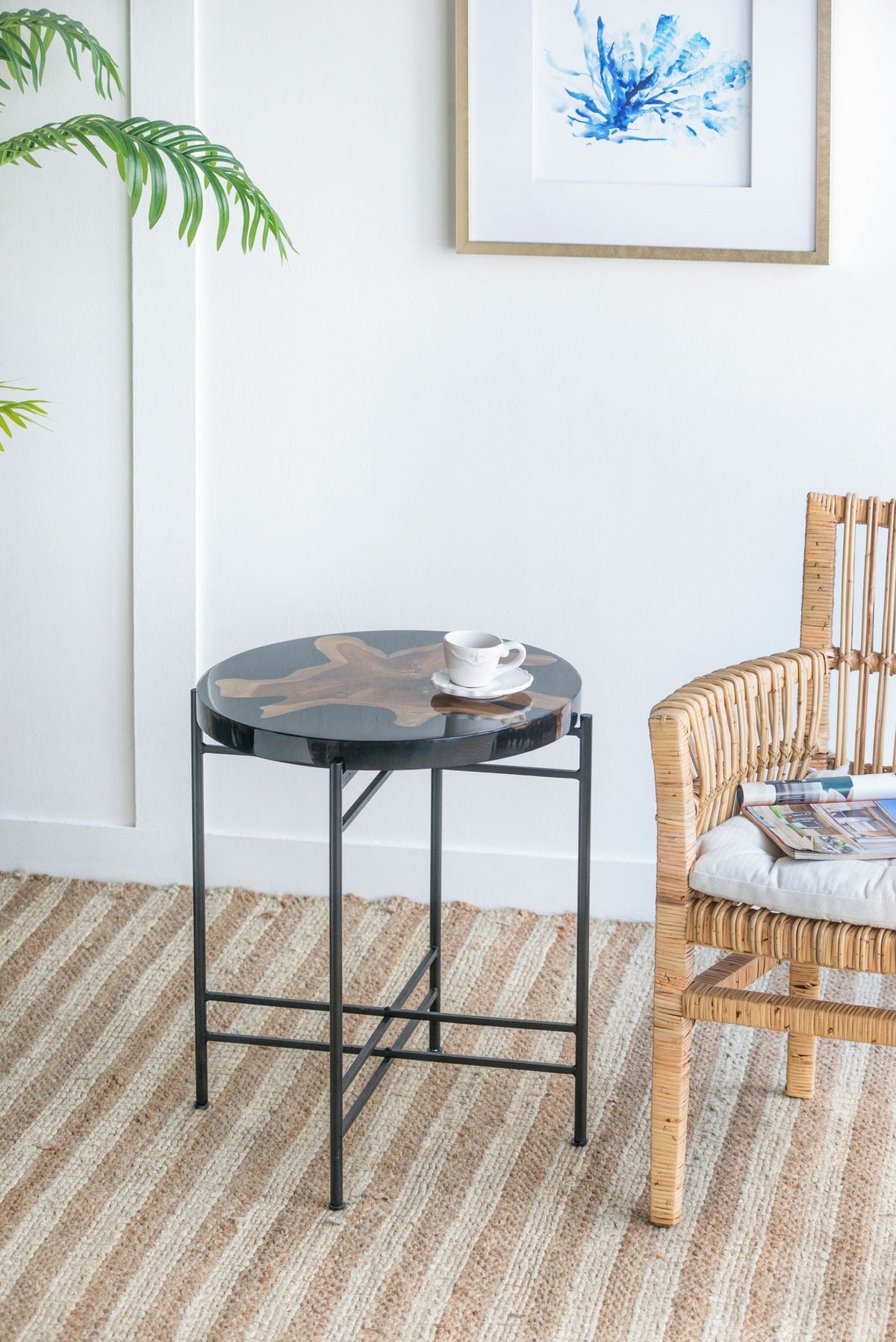 Black and Brown Side Table with Teak Root Wood and Iron Frame
