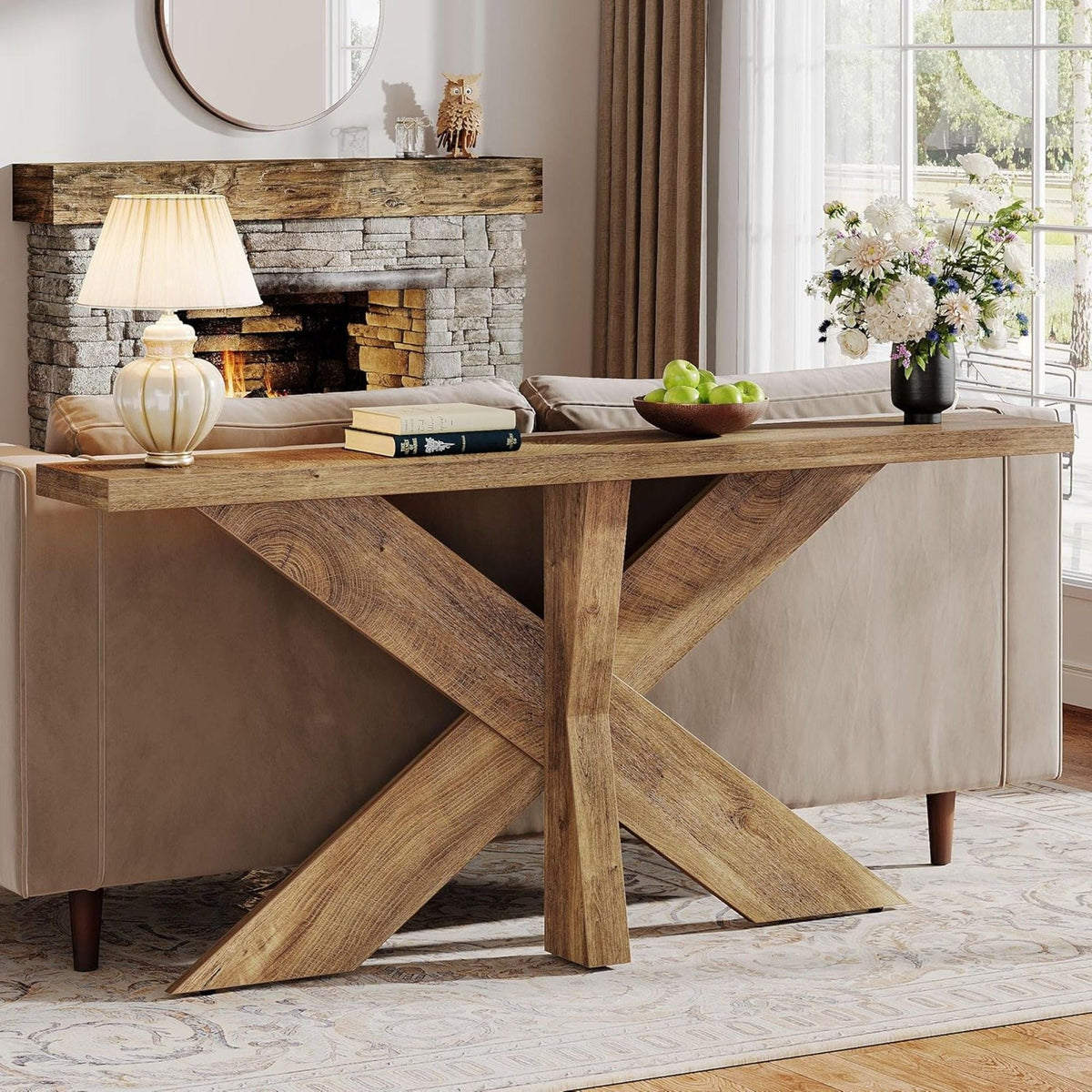 Long Console Table with Geometric Base - Oak