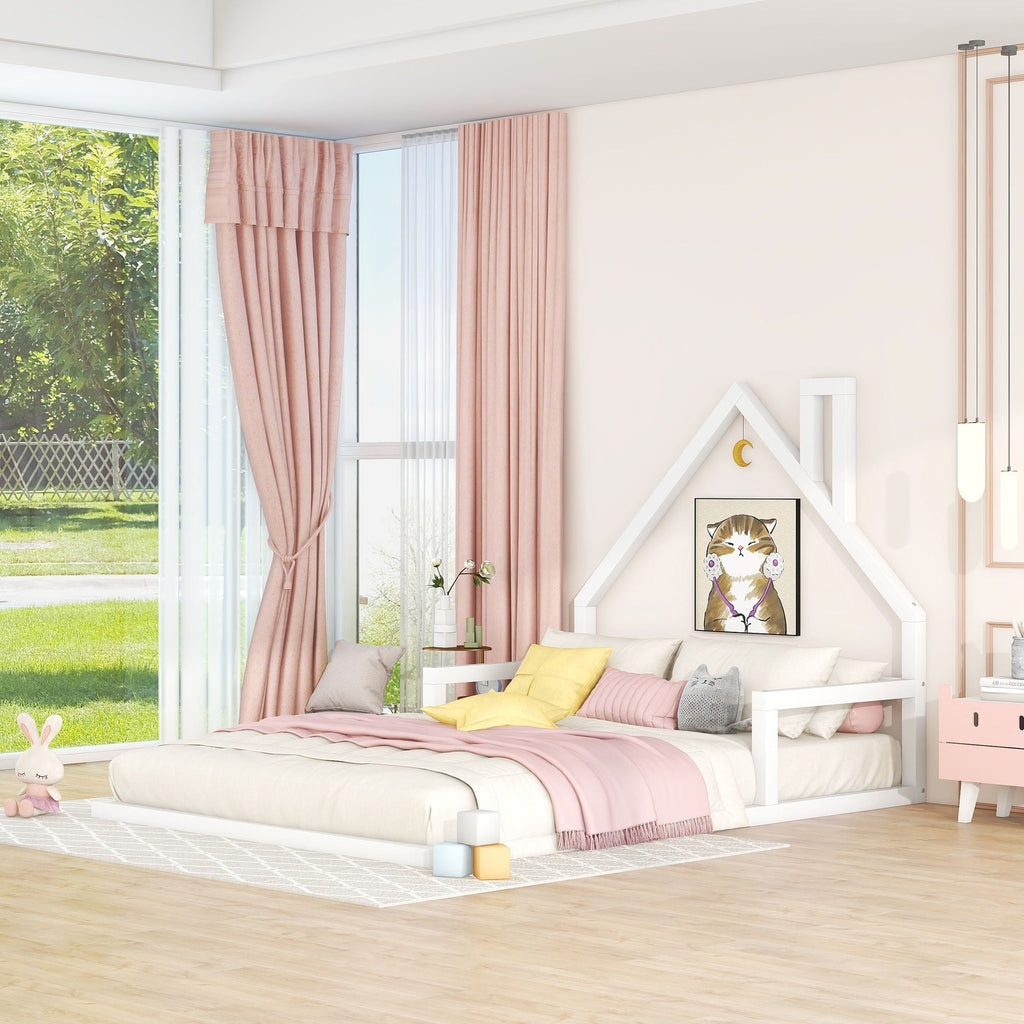 Elegant Floor Bed With House Shaped Headboard - Full Size Solid Wood