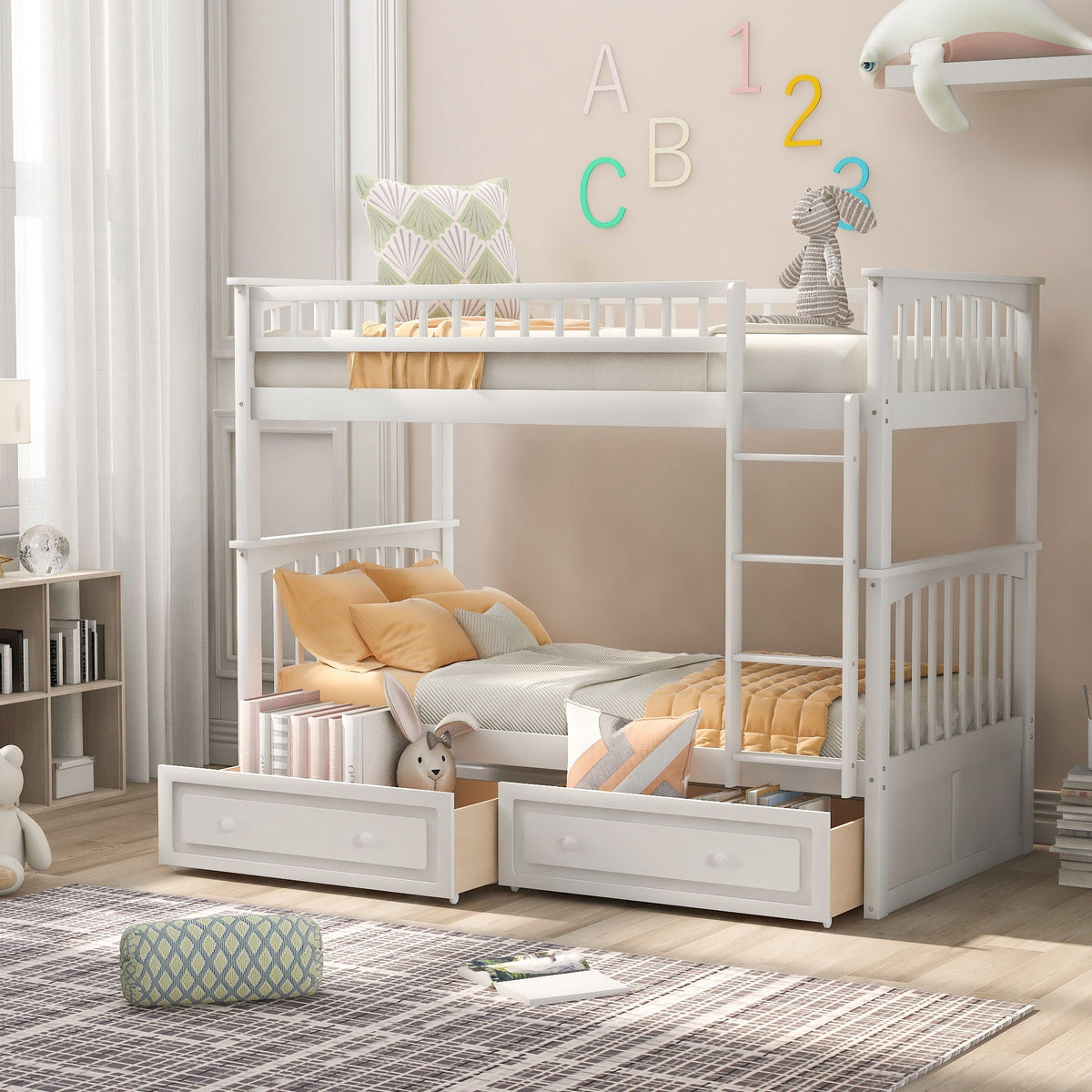 Twin Over Twin Bunk Bed with Drawers - Convertible, Solid Pine Wood - White or Dark Gray