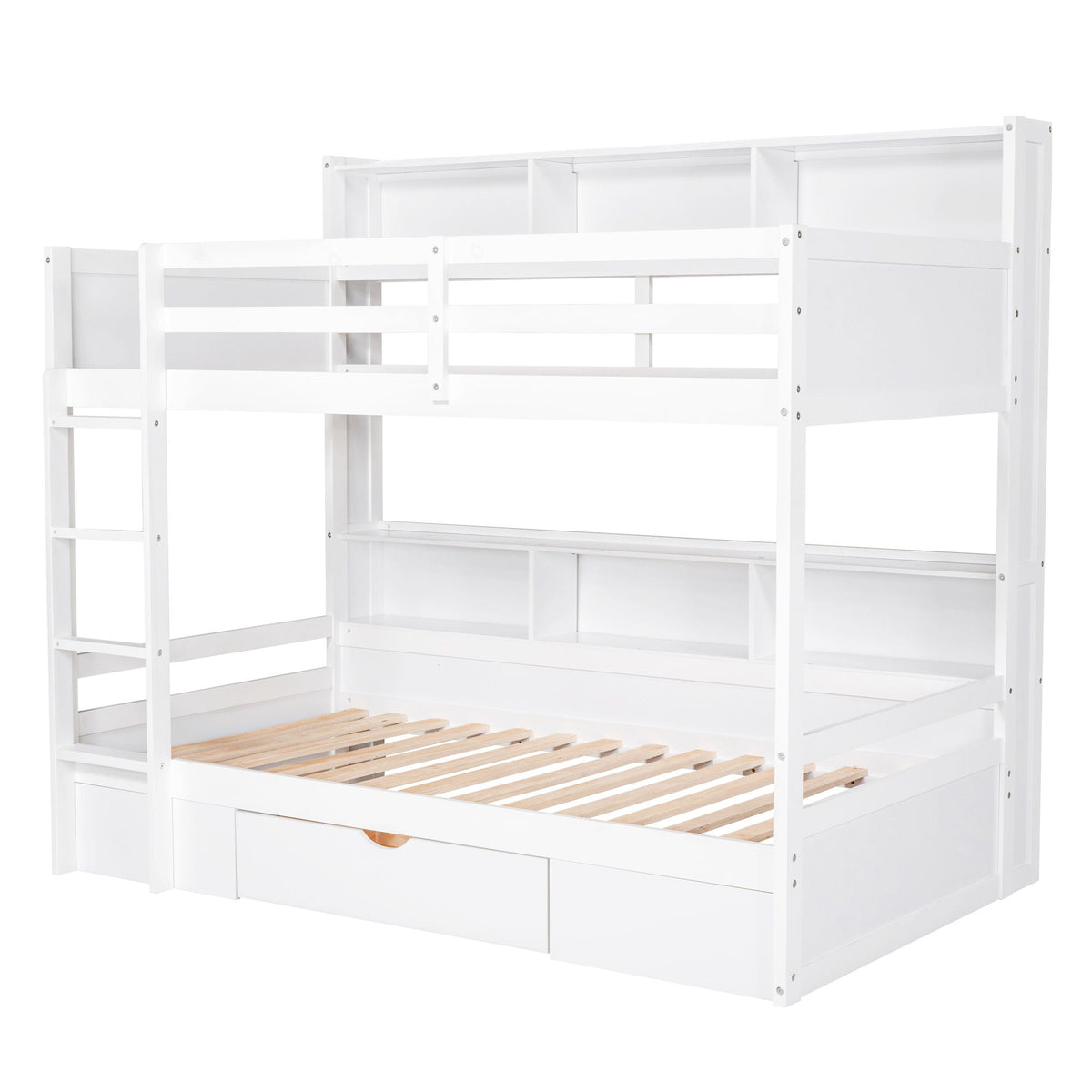 Twin Size Bunk Bed with Built-In Shelves and Storage Drawer - Dark Gray or White