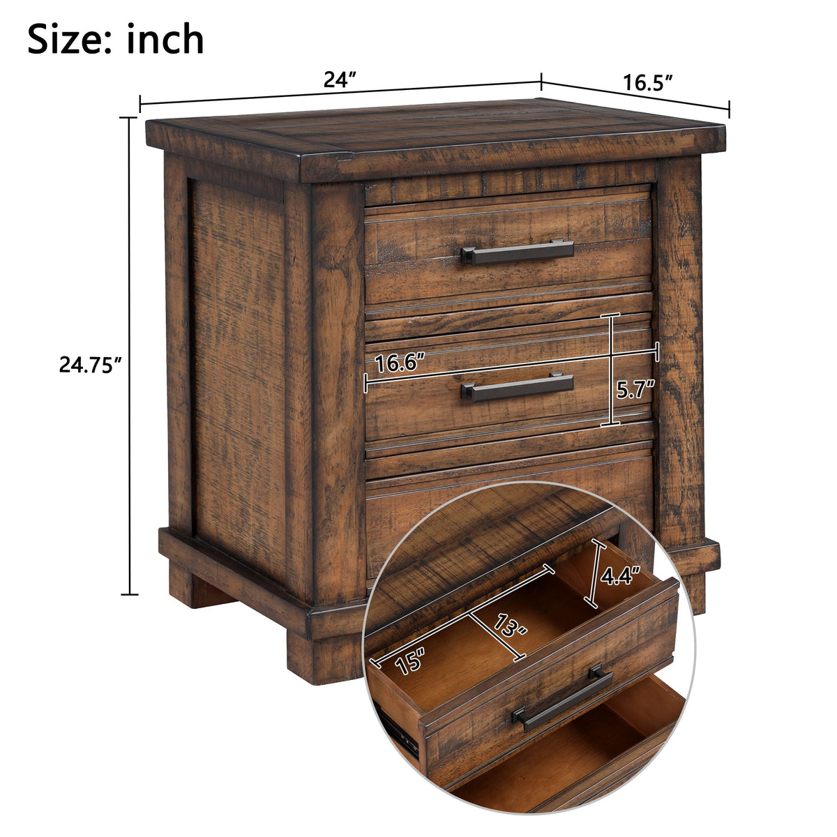 Dark Brown 3 Drawer Nightstand with Antique-Inspired Details - Dark Brown
