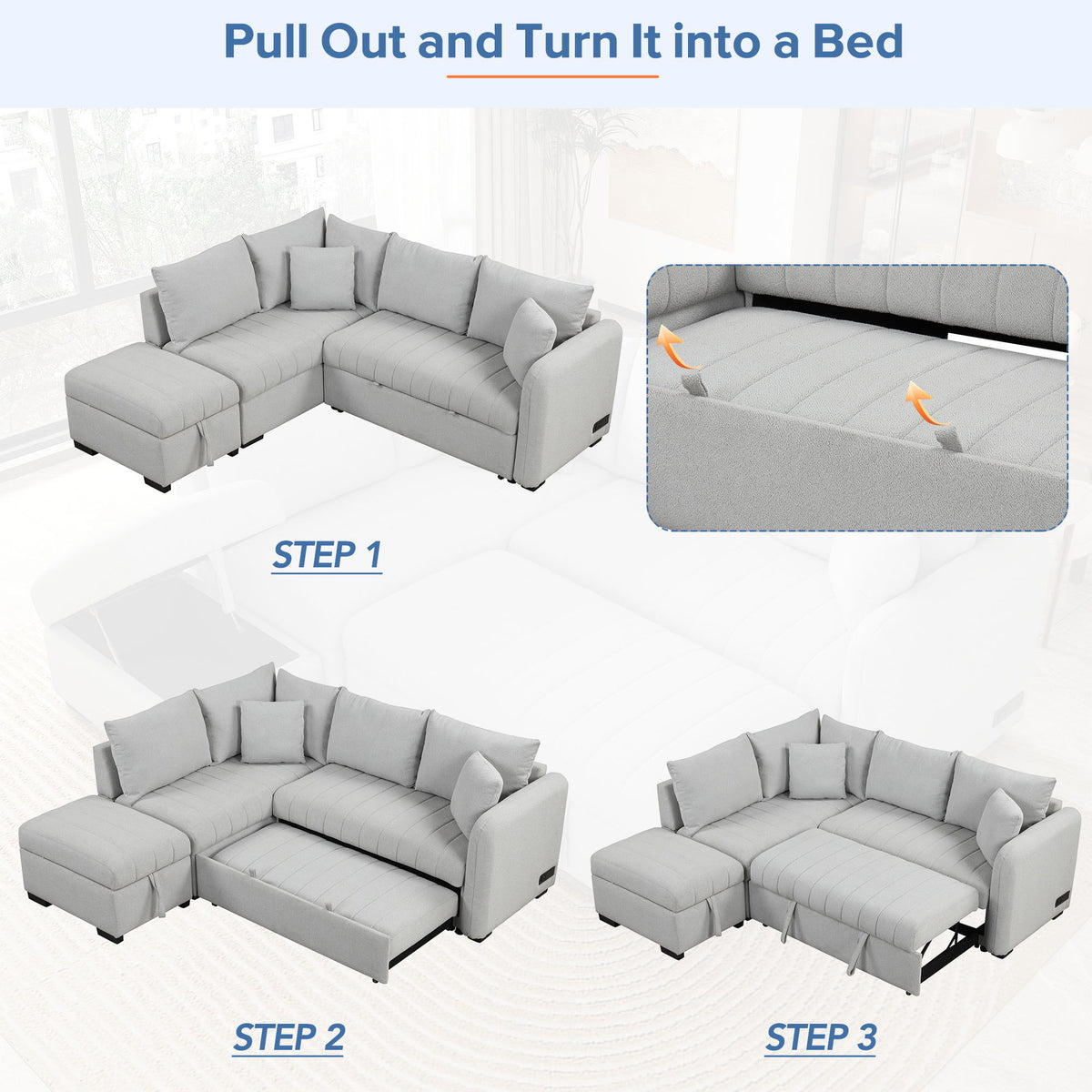 L-Shaped Sleeper Sectional with Pull-Out Bed and Storage Ottoman - Gray or Beige