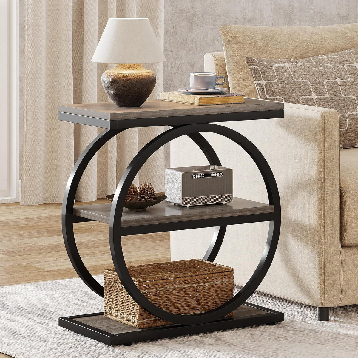 Industrial Narrow End Table with 3 Shelves - Dark Gray, Light Brown, or Dark Brown