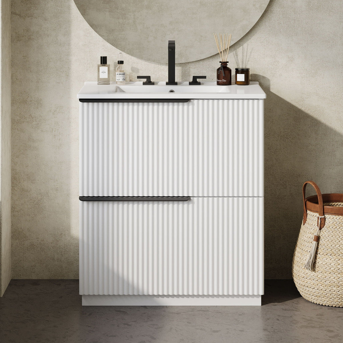 Fluted Bathroom Vanity with Ceramic Sink and Moisture-Proof Cabinet - 30" Wide