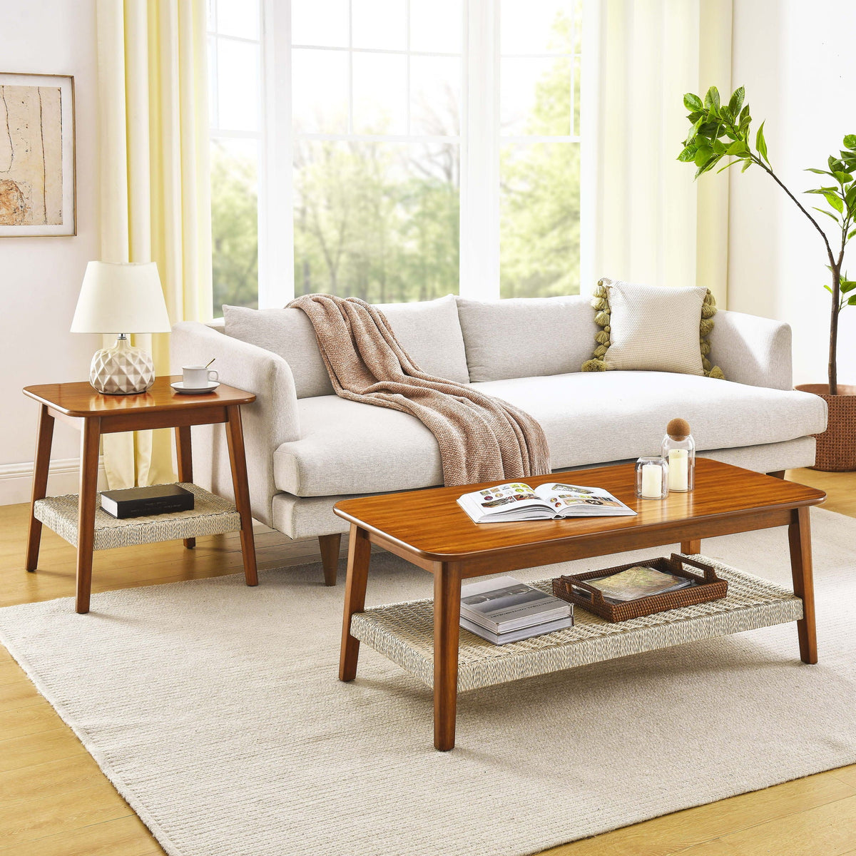 Mid-Century Square Side Table with Woven Shelf - Walnut